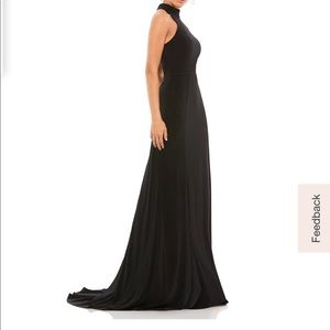 Mac Duggal  High Neck Teardrop Cutout Back Jersey Gown